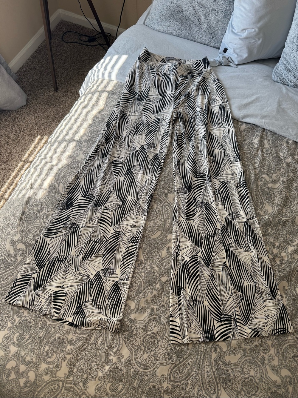 Flowy Wide Leg High Waisted Tropical Print Pants with Side Slit